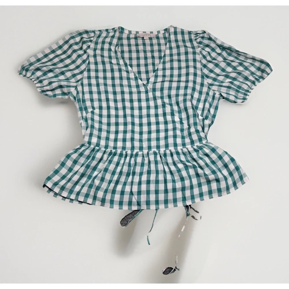 LOFT‎ Womens Green Gingham Puff Sleeve Peplum Wrap Top Size L V-Neck Tie Side
